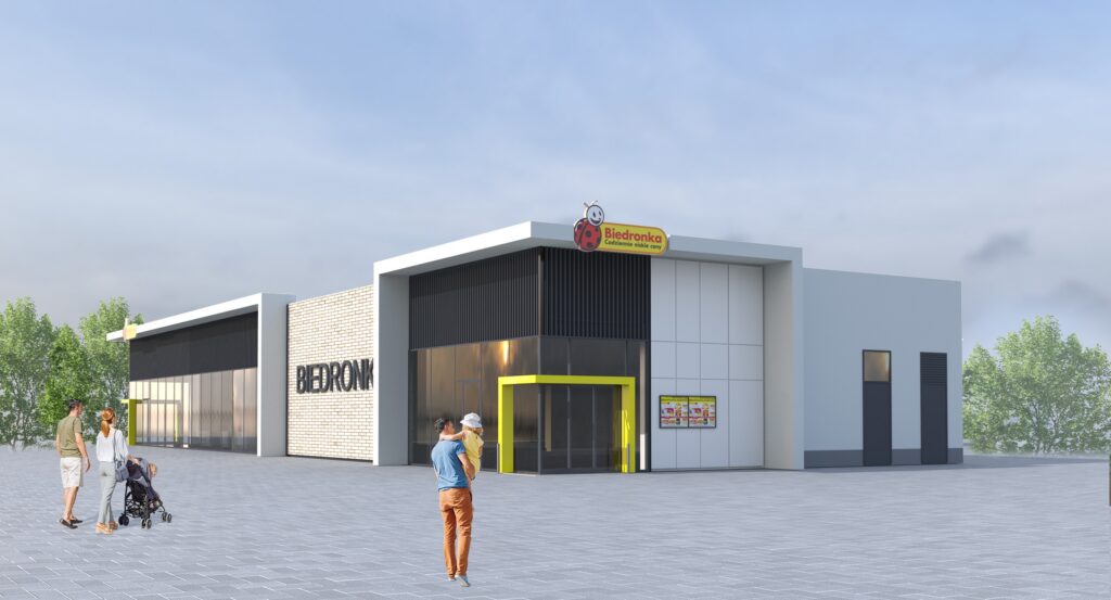 Wizualizacja budynku usługowego Biedronka w Warszawie przy ulicy Plac Wojska Polskiego